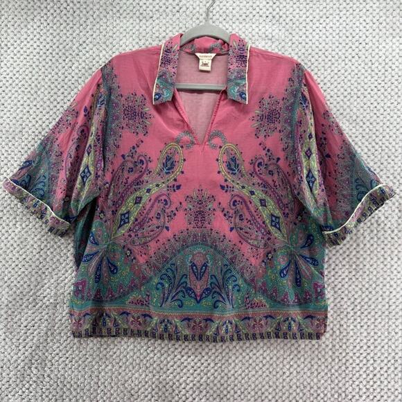 Sundance Top S Pink Paisley Silk Cotton Collared V-Neck Short Sleeve Lightweight - Picture 2 of 14